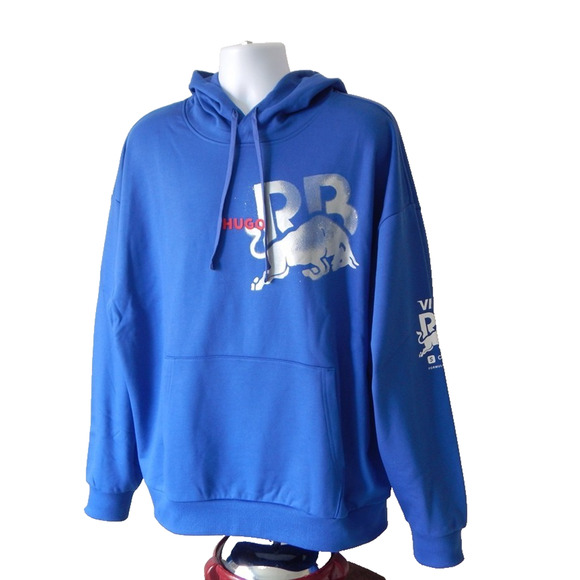 NWT HUGO Running Bulls Graphic Pullover Hoodie Blue in Cotton Terry Men's LARGE - Picture 7 of 13